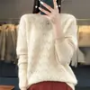 Nuevo suéter de lana pura para otoño e invierno para mujer, jersey de cuello redondo, diseño calado, color liso, manga larga, corte holgado casual, camiseta base de punto
