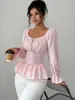 Ruihu Exportação Amazon Transfronteiriça Camisa com Design Francês Outono 2025 Novo Top de Manga Longa com Decote U e Cadarço