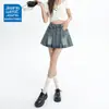 Saia Plissada Curta Jeans Azul Vintage Moda Feminina Primavera e Verão Versátil Novo Estilo Menina Popular Anti-reflexo Saia Evasê
