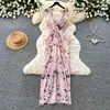 Vestido camisola estilo férias francês com estampa floral rosa para mulheres, verão, design de laço na cintura, acinturado, justo, elegante, longo