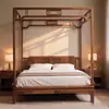Cama con dosel tallada estilo Zen chino, Cama clásica china nueva, Cama con marco de nogal negro estética estilo Song