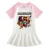 Minecraft Verão Nova Roupa Infantil Desenho Animado Manga Curta Vestido de Menina Fino Estudante Elegante Saia Plissada