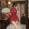 Nuevo Cheongsam Estilo Nacional Chino Encaje Solapa Diagonal Cinturón Atado Adelgazante Mujer Abertura Vestido Retro Roba Corazones Camisón Transparente Mujer