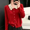 Cárdigan de punto con cuello polo de encaje y manga larga para mujer, primavera y otoño, corte holgado, adelgazante, elegante y de alta gama