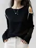 2026 Outono Inicial Casual Estilo Preguiçoso Senso de Design Bloqueio de Cores Manga Longa Off-the-Shoulder T-shirt de Tricô Feminina Chique Slim Fit Temperamento
