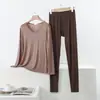 Novo conjunto de duas peças para mulheres: camisa de manga longa com decote em V de modal e calça, conjunto casual leve para casa plus size