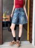 Shorts Jeans Vintage Rasgado Modelo A-Line Plus Size para Mulheres, Verão Cintura Alta Emagrecedor Reto Perna Larga Comprimento do Joelho