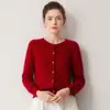 Item versátil! Cardigã básico de gola redonda 100% cashmere para mulheres, suéter curto de cashmere puro, cardigã de tricô, jaqueta pequena