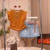 Conjunto de Verano para Niña 2025 Nuevo Estilo Chaleco con Cordón para Niña Pantalones Culotte de Mezclilla Conjunto de Dos Piezas Todo-Fondo