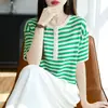Camisa de mujer a rayas de seda y lana con botones, manga corta, textura sedosa, ligera y suave, con diseño de rayas contrastantes, simple y versátil