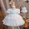 Vestido de Cumpleaños para Niña 2026 Adorno de Encaje Falda Abullonada Lazo para Niña Pequeña Lindo Vestido de Princesa Cola de Golondrina
