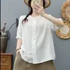 Diseño original, algodón de gasa de doble capa, nueva colección de verano 2025, camisa de cuello redondo, top versátil de manga de tres cuartos, botones de doble fila