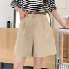 Shorts de trabajo de algodón y lino para mujer, verano finos de cintura alta estilo coreano holgados casuales de pierna ancha, moda petite pantalones cortos ajustados
