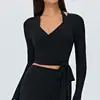 Top de yoga curto transfronteiriço para mulheres com alças, decote em V, camiseta fitness slim fit, treino de Pilates, esportes de corrida manga longa