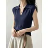 Camiseta de punto para mujer, manga corta, cuello polo azul marino, para verano, alta gama, corte ajustado, diseño elegante, mangas pequeñas acampanadas, cuello en U, top de hombro normal