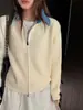 Cárdigan suéter de punto casual holgado con diseño engrosado para otoño/invierno para mujer, hecho de fábrica, con patchwork de mezclilla y cuello alto