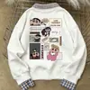 Sudadera de retazos con estampado de dibujos animados lindos y cuadros contrastantes, estilo falso dos piezas, para mujer, Otoño e Invierno 2025, top holgado con cuello polo