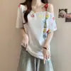Camiseta Estampada Floral Bordada de Talla Grande para Mujer, Hombros Descubiertos, Manga Corta, Nuevo Estilo Verano 2025, Top Holgado de Moda para Mujer