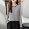 Cardigan de Punto a Rayas Retro Francés Cuello Redondo para Mujer Primavera Otoño Nuevo Manga Larga Camisa Base Suéter de Punto Fino Chaqueta Top