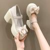 Sapatos Mary Jane Femininos Outono e Inverno 2023 Novos Bico Redondo Tira Laço Pequenos Sapatos de Couro Salto Grosso Solado Grosso Salto Alto