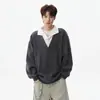 Sudadera con capucha de dos piezas falsas con cuello de camisa Streetwear americano Primavera 2026 Nueva llegada Color liso Hombros caídos Suéter Top Transfronterizo