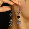 Brincos Longos Estrela e Lua Retrô Estilo Punk Dark Estrela Octogonal Gota de Água Brinco com Contas Pretas Acessórios de Brinco Gótico de Nicho
