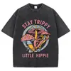 Camiseta Vintage Lavada Estilo Nuevo 2025--Xingyue Estilo Europeo y Americano Elegante Algodón Estampado Manga Corta Cuello Redondo