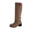 Botas Femininas Salto Bloco com Fivela Retro 2026 Outono/Inverno Novo Estilo Salto Grosso Cano Alto Botas de Cavaleiro Emagrecedoras Versáteis Botas Longas