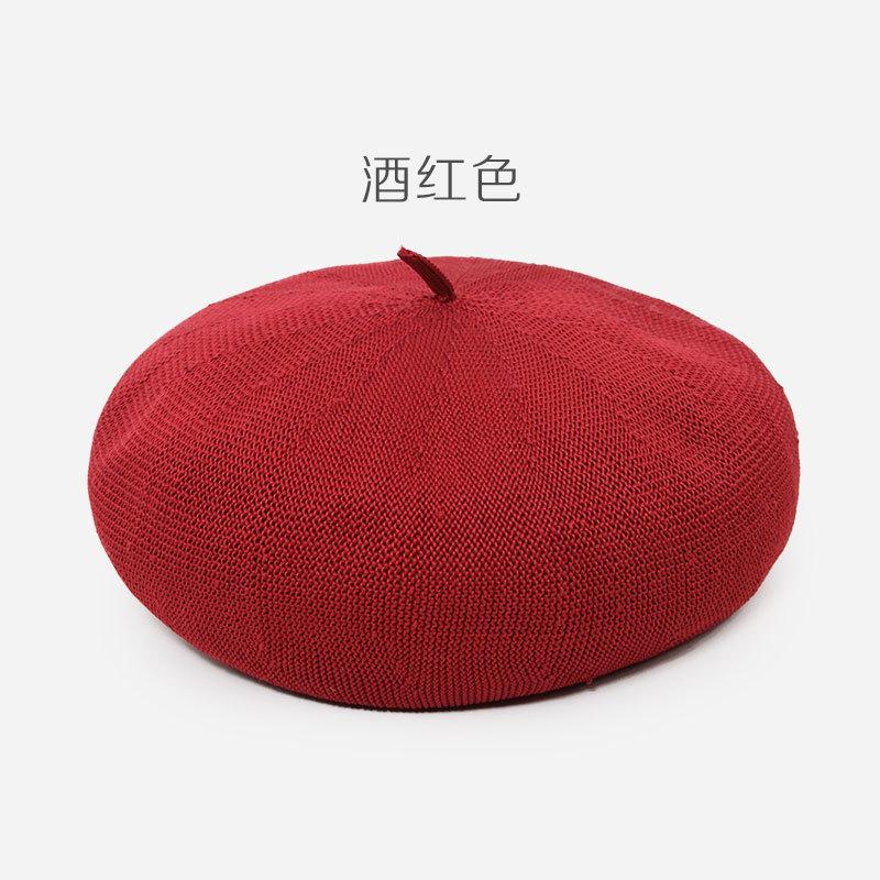 涤纶丝贝雷帽实物图酒红色