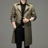 Novo trench coat masculino de primavera 2023, comprimento estendido, gola de terno casual de negócios, cinto, capa de joelho masculina