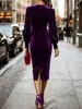 Vestido de veludo justo com decote em V cruzado e mangas bufantes, elegante e sexy, para comércio exterior transfronteiriço europeu e americano
