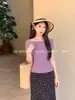 [Oferta Especial, Sin Devoluciones ni Cambios] Xiu Xixi Top de Punto de Verano de Cuello Redondo Ajustado de Color Sólido Camiseta Versátil para Mujer 25572