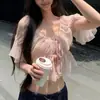 BELOVDJOYYSérie LoveBlusa de Renda Leve com Cadarço Franzido Estilo Fada Verão Top de Design Curto
