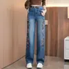 Jeans de perna larga, bordado floral requintado, feito sob medida, nova coleção de outono de 2026, calça reta slim fit para baixinhas