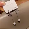 Pendientes de Lujo Ligero de Nicho de Alta Gama con Borla Larga Completamente Incrustados de Diamantes de Estrella de Cinco Puntas Versátiles Elegantes Populares Pendientes de Perla Pendientes