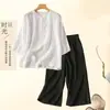 Camisa artística vintage de algodón y lino bordada de manga tres cuartos, conjunto de dos piezas para el verano para madres, top de color liso y pantalones de pierna ancha para mujer