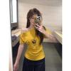 Camiseta de Manga Corta con Hombro Descubierto Estilo Coreano Casual Diseño Niche Único Verano para Mujer Púrpura Ajustada Top de Hombro