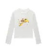 Camiseta feminina branca, gola redonda, ombro normal, manga longa, estampa de desenho animado nova para primavera e outono, rejuvenescedora, versátil, top slim