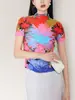 Industria Pesada Ropa Plisada Tres Veces Camiseta de Manga Corta para Mujer Verano Diseño Delgado Sensación Plegada Top Estampado Moda Trendy para Mujer