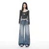 Retrô Americano|Design com Amassados Lavados|Jeans Largo Solto para Mulheres em Azul Vintage, Comprimento Estendido, Versátil