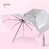 Guarda-chuva Dupla Finalidade Sol e Chuva, Camada Dupla Prata Titânio, Proteção Solar, Proteção UV, Três Dobras, Cabo de Madeira, Guarda-sol