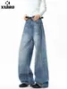 Muxi Ropa Marca de Moda Estilo Americano Cleanfit Lavado Vintage Holgado Versátil Pantalones Scimitar Jeans de Calle para Hombres