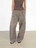 Pantalones Casuales Amplios de Pierna Ancha de Kendo Plisados de Cintura Baja con Cinturón, Color Caqui Gris Brillante y Textura Cremosa, SIN NADA FEO