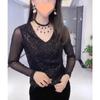 Camiseta de Malla de Manga Larga con Cuello en V y Lentejuelas a la Moda para Mujer Primavera y Otoño 2025 Ajuste Slim Versátil Camiseta Básica