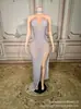 Vestido de noche europeo y americano transfronterizo sexy de cumpleaños con pedrería brillante, elegante y glamuroso francés, atuendo deslumbrante de longitud completa para actuación