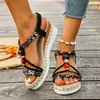 Comercio exterior, transfronterizo, talla grande, de una tira, sandalias de tacón de cuña, estilo bohemio de verano, de punta redonda, sandalias de tacón alto de suela gruesa para mujer