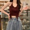 Novo Suéter Tricotado Vazado de Outono Estilo Coreano de Manga Longa Colete Halter Pendurado Design de Nicho de Duas Peças Feminino
