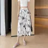 Calças de chifon leves de perna larga para o verão para mulheres, calças-saia cropped com cintura elástica, calças-saia estilo chinês tamanho petite, novas calças florais