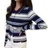 Cárdigan de punto de otoño estilo coreano, elegante, con bloques de color a rayas, cuello de solapa, de un solo botón, para mujer, top ajustado de manga larga