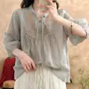 Nuevo top de verano estilo chino vintage con cordones para mujer, holgado y elegante, camisa tipo jersey de color liso versátil para mujer